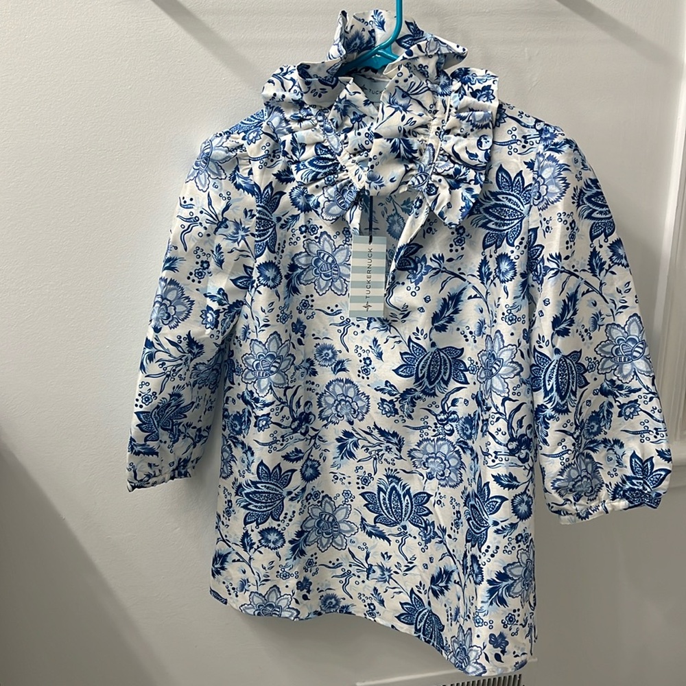 Tuckernuck navy blue and white floral blouse